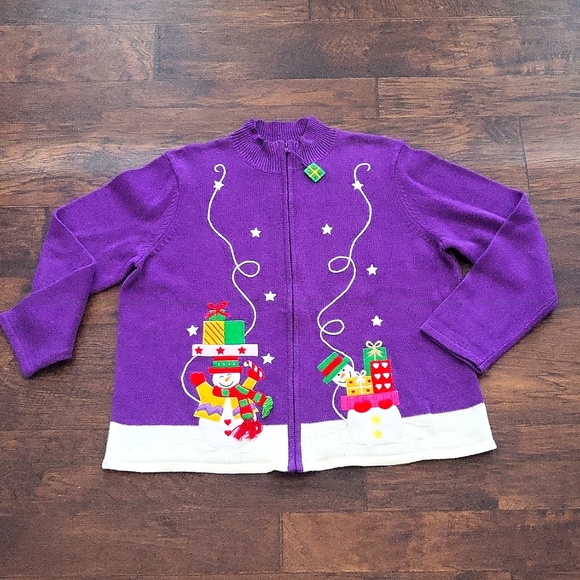 Purple Snowman Christmas Sweater Zip Up Size Large - Picture 3 of 8